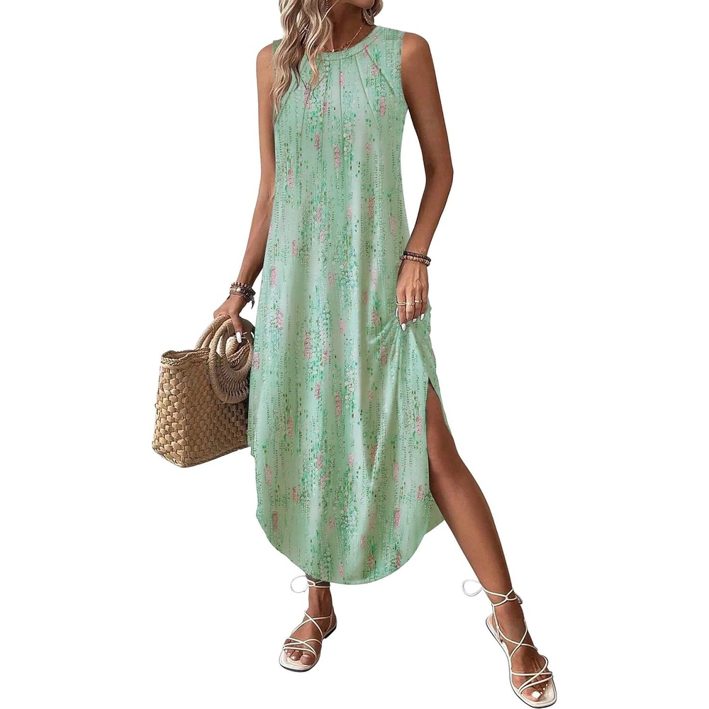 image:imageZeagoo Women Floral Summer Casual Beach Printed Tank Dress with Pockets Pleated Front Long DressMint Green Print