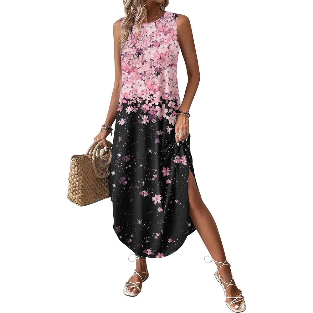 image:imageZeagoo Women Floral Summer Casual Beach Printed Tank Dress with Pockets Pleated Front Long DressPinkblack Print