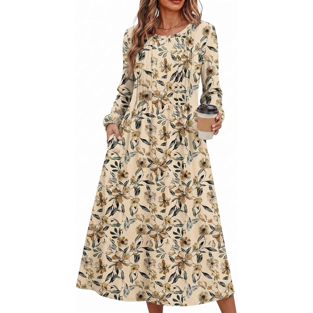 image:imageZeagoo Women Long Sleeve Fall Dress Casual A Line Dresses 2026 Midi Flare DressKhaki Floral