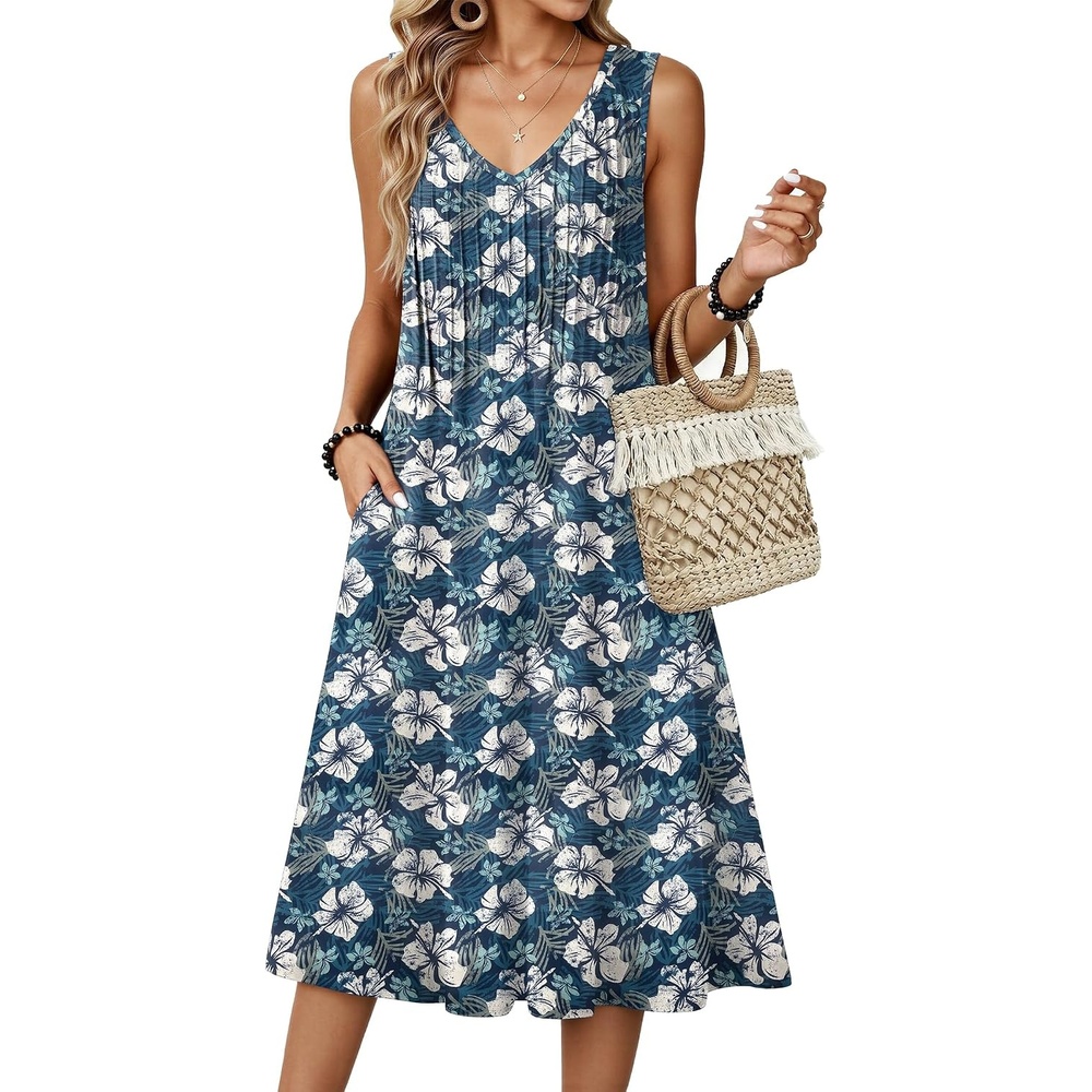 image:imageZeagoo Women Summer Casual Dresses 2026 Sleeveless Midi Pleated Tank Sundress with Pockets V Neck A Line Swing Tshirt DressBlue Floral