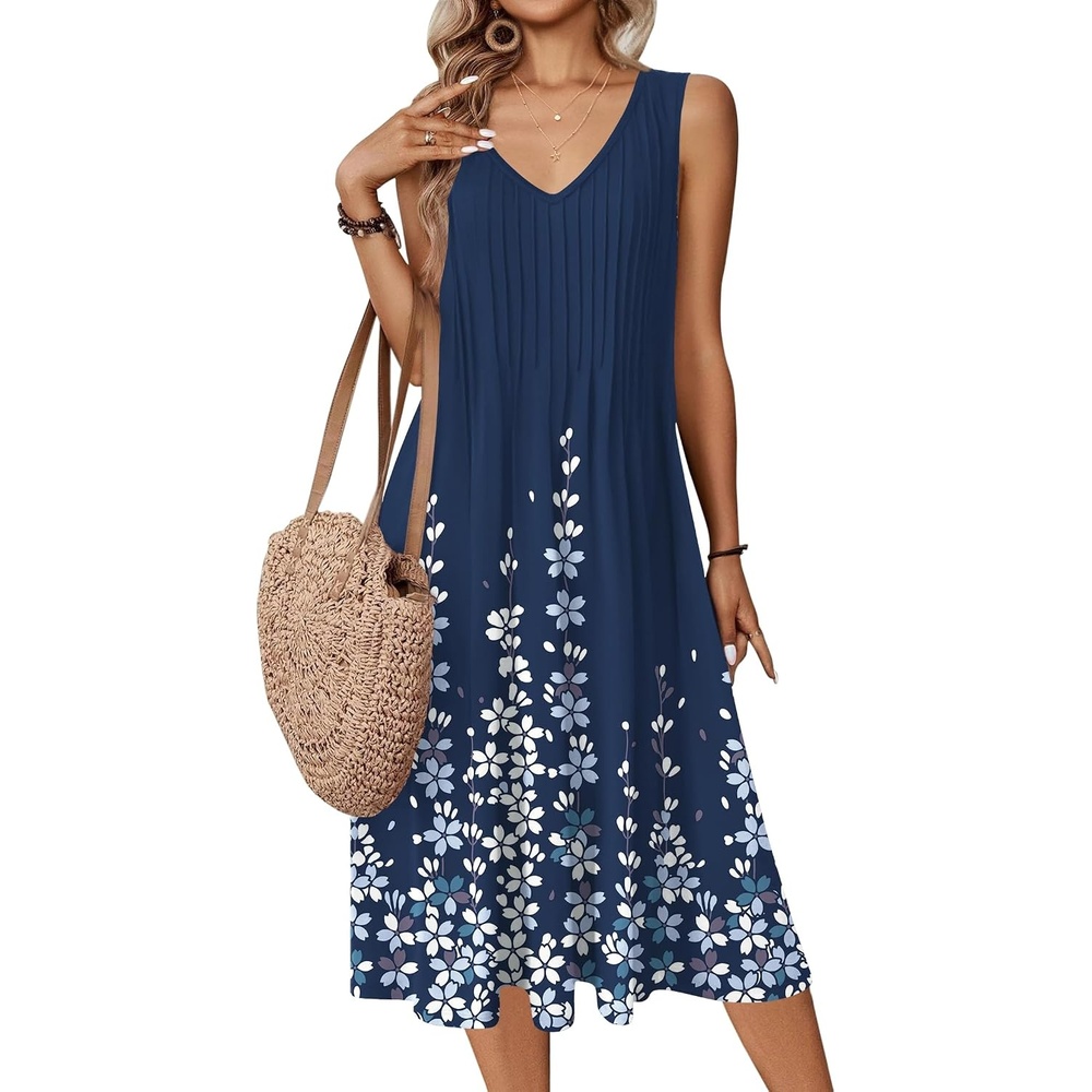 image:imageZeagoo Women Summer Casual Dresses 2026 Sleeveless Midi Pleated Tank Sundress with Pockets V Neck A Line Swing Tshirt DressBlue Flowers