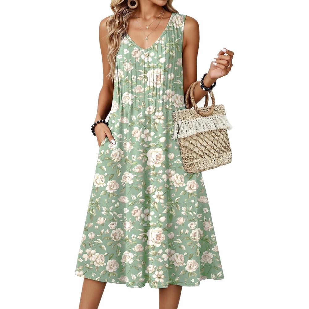 image:imageZeagoo Women Summer Casual Dresses 2026 Sleeveless Midi Pleated Tank Sundress with Pockets V Neck A Line Swing Tshirt DressGreen Floral