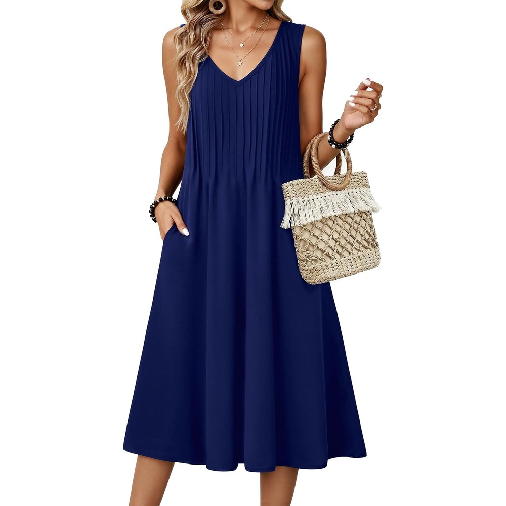 image:imageZeagoo Women Summer Casual Dresses 2026 Sleeveless Midi Pleated Tank Sundress with Pockets V Neck A Line Swing Tshirt DressNavy Blue