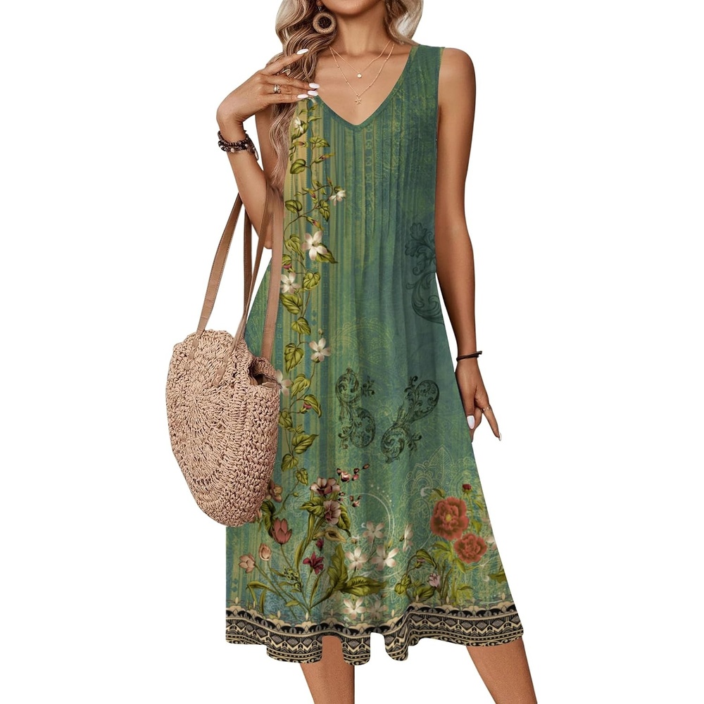 image:imageZeagoo Women Summer Casual Dresses 2026 Sleeveless Midi Pleated Tank Sundress with Pockets V Neck A Line Swing Tshirt DressYellowgreen