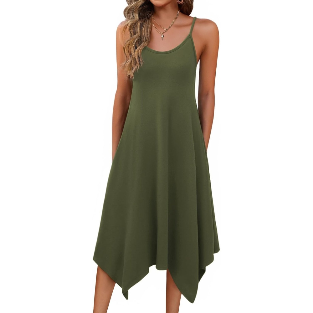 image:imageZeagoo Women Summer Midi Dresses 2026 Hawaiian Bohemian Beach Cover Up Sundress Spaghetti Strap Casual Dress with PocketsArmy Green