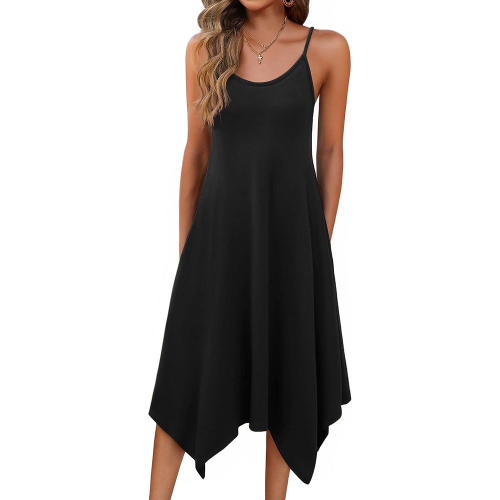 image:imageZeagoo Women Summer Midi Dresses 2026 Hawaiian Bohemian Beach Cover Up Sundress Spaghetti Strap Casual Dress with PocketsBlack