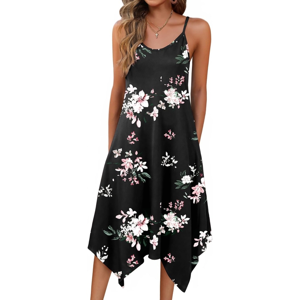 image:imageZeagoo Women Summer Midi Dresses 2026 Hawaiian Bohemian Beach Cover Up Sundress Spaghetti Strap Casual Dress with PocketsFloral Black