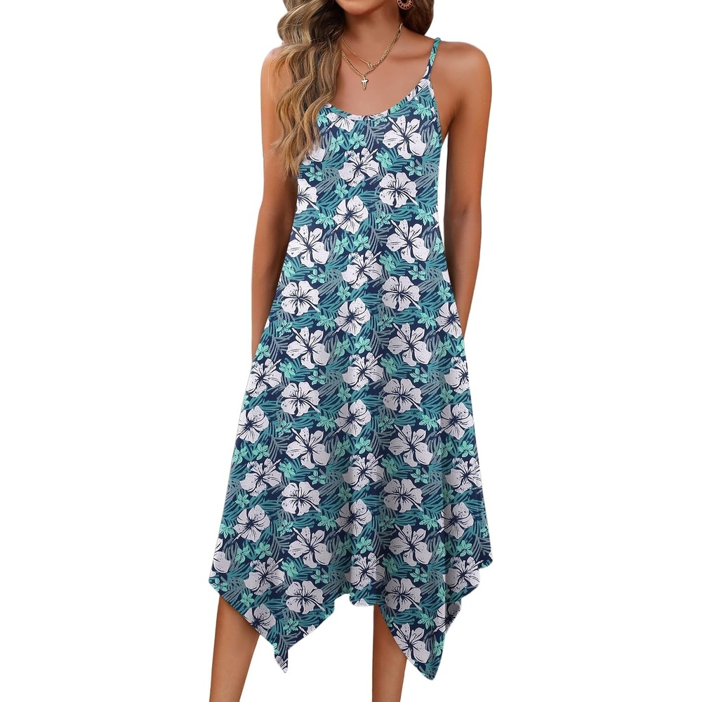image:imageZeagoo Women Summer Midi Dresses 2026 Hawaiian Bohemian Beach Cover Up Sundress Spaghetti Strap Casual Dress with PocketsFloral Blue