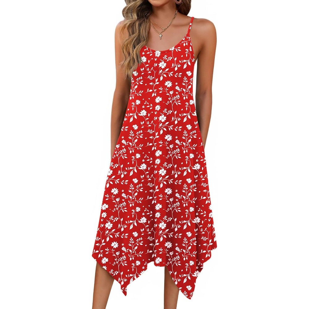 image:imageZeagoo Women Summer Midi Dresses 2026 Hawaiian Bohemian Beach Cover Up Sundress Spaghetti Strap Casual Dress with PocketsRed White Flowers