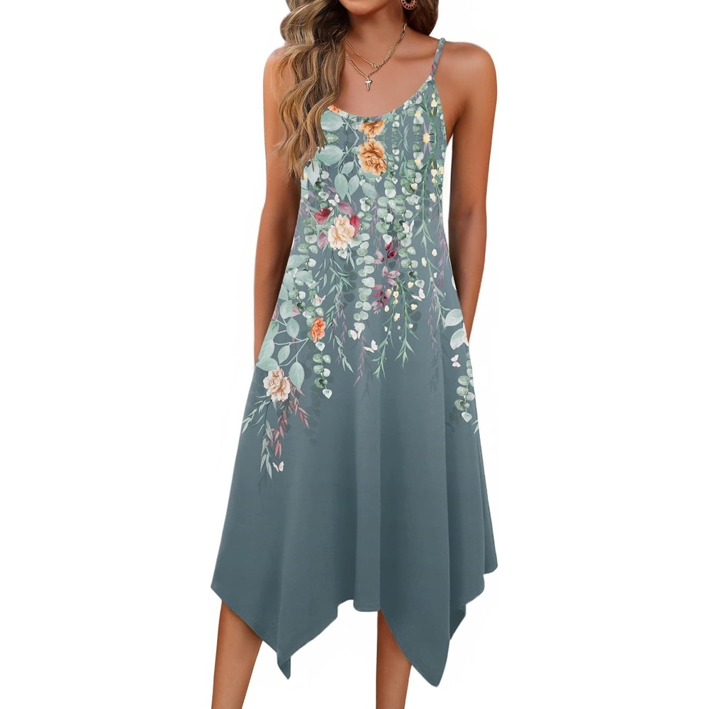 image:imageZeagoo Women Summer Midi Dresses 2026 Hawaiian Bohemian Beach Cover Up Sundress Spaghetti Strap Casual Dress with PocketsWatercolor