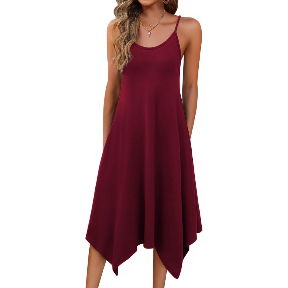 image:imageZeagoo Women Summer Midi Dresses 2026 Hawaiian Bohemian Beach Cover Up Sundress Spaghetti Strap Casual Dress with PocketsWine Red
