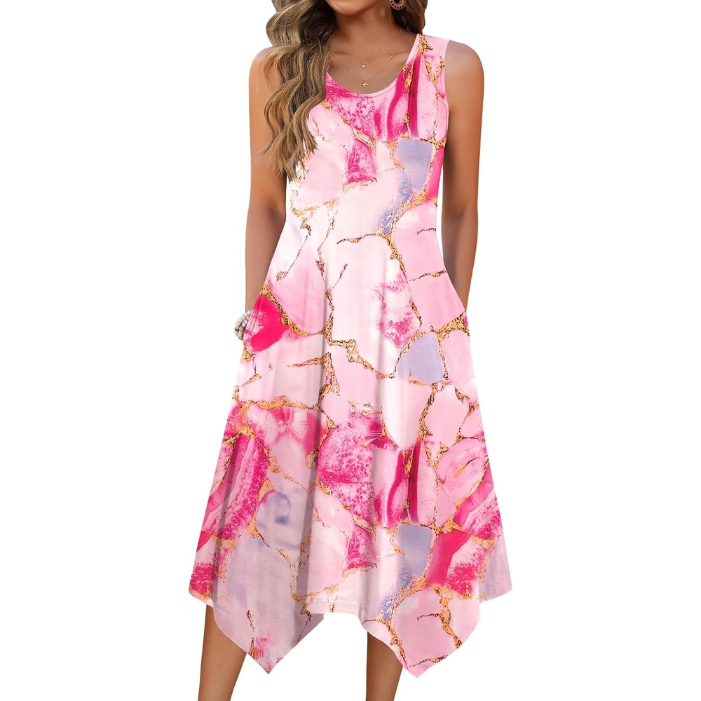 image:imageZeagoo Womens Casual Dress for Summer Tank Dress Loose Flowy Beach Dress with Pockets Hankerchief Flare Midi Sundress 202601 Apink