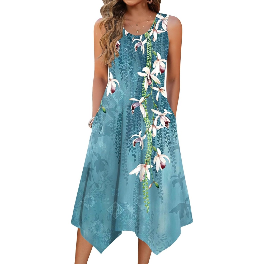 image:imageZeagoo Womens Casual Dress for Summer Tank Dress Loose Flowy Beach Dress with Pockets Hankerchief Flare Midi Sundress 202601 Blue