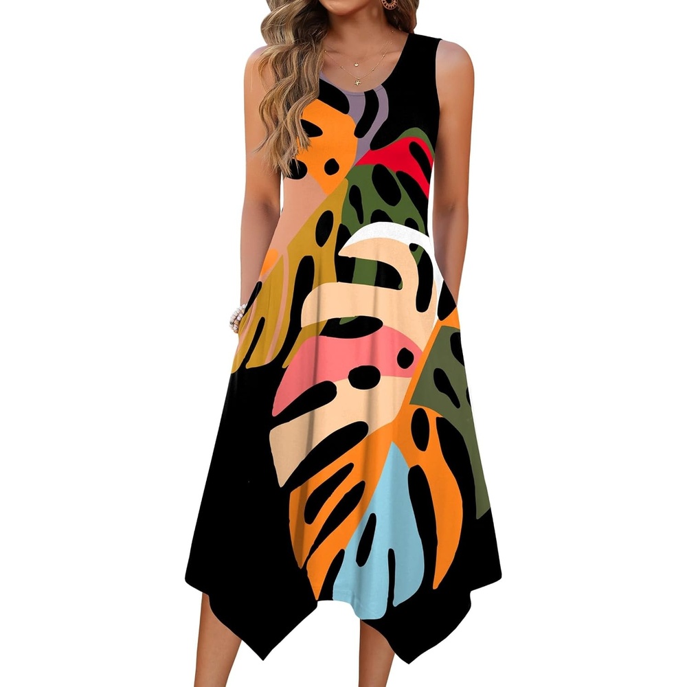 image:imageZeagoo Womens Casual Dress for Summer Tank Dress Loose Flowy Beach Dress with Pockets Hankerchief Flare Midi Sundress 202602 Black