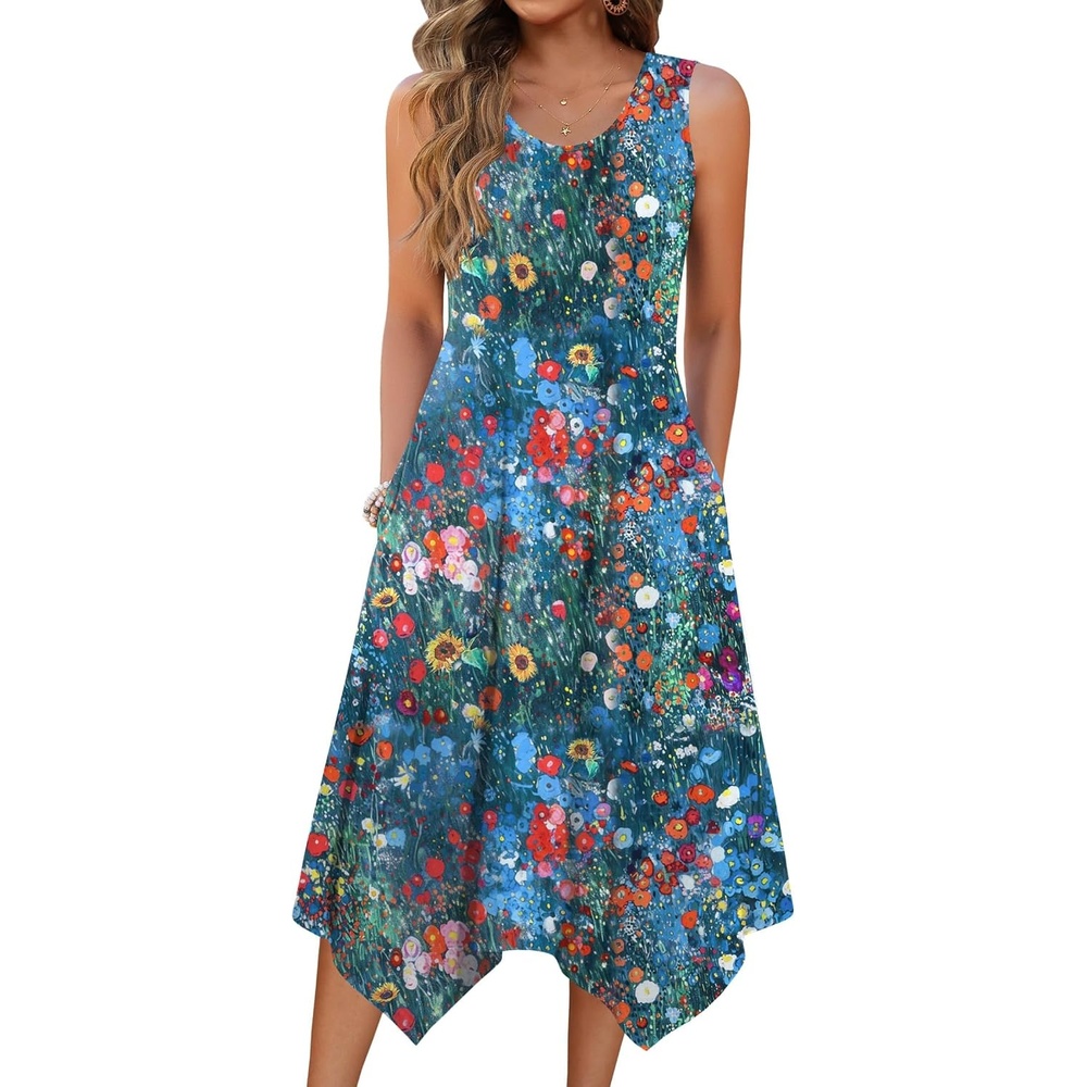 image:imageZeagoo Womens Casual Dress for Summer Tank Dress Loose Flowy Beach Dress with Pockets Hankerchief Flare Midi Sundress 202602 Blue