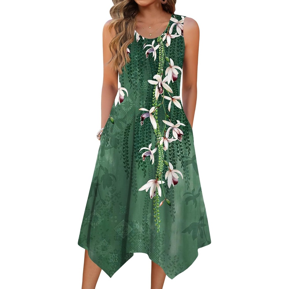 image:imageZeagoo Womens Casual Dress for Summer Tank Dress Loose Flowy Beach Dress with Pockets Hankerchief Flare Midi Sundress 202602 Green