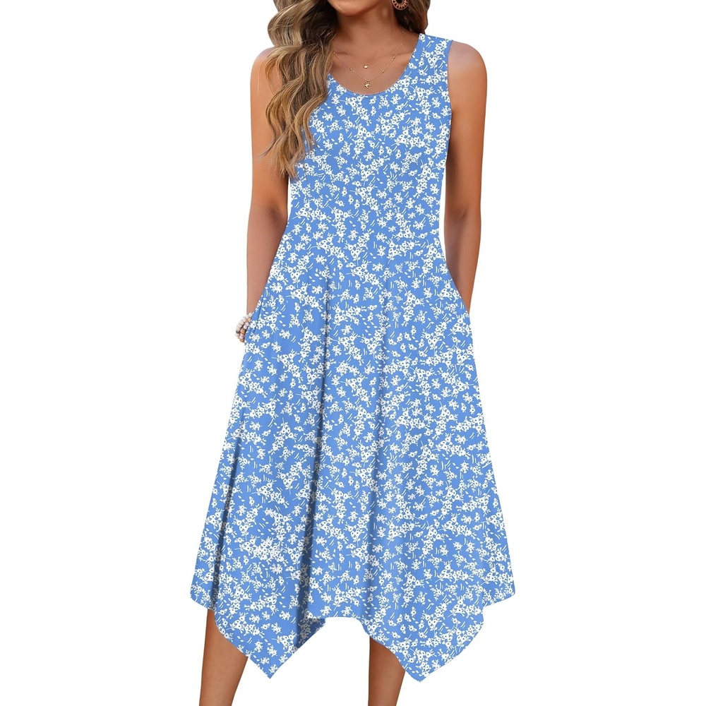 image:imageZeagoo Womens Casual Dress for Summer Tank Dress Loose Flowy Beach Dress with Pockets Hankerchief Flare Midi Sundress 2026Blue Xh41