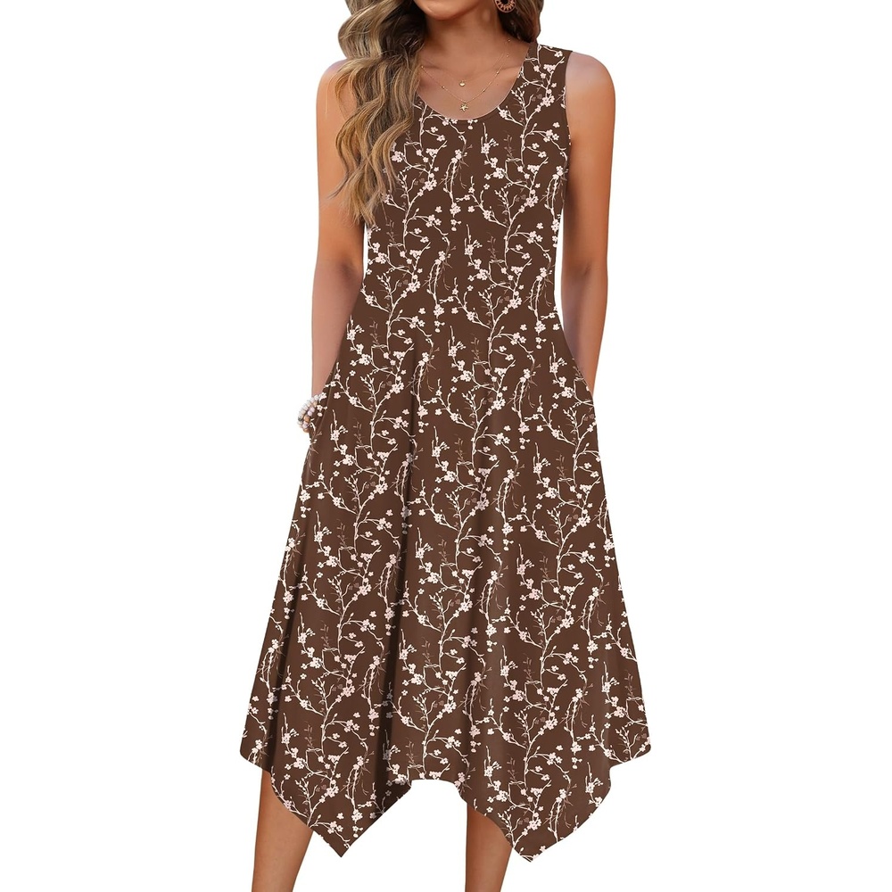 image:imageZeagoo Womens Casual Dress for Summer Tank Dress Loose Flowy Beach Dress with Pockets Hankerchief Flare Midi Sundress 2026Brown Xh267