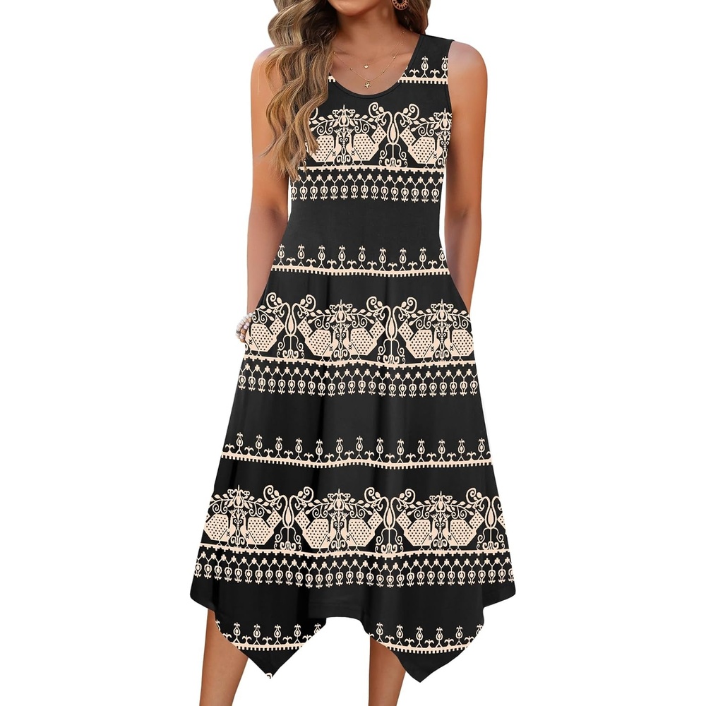 image:imageZeagoo Womens Casual Dress for Summer Tank Dress Loose Flowy Beach Dress with Pockets Hankerchief Flare Midi Sundress 2026Ethnic Print