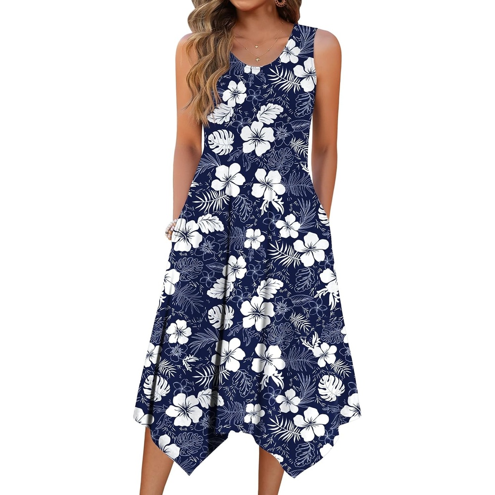 image:imageZeagoo Womens Casual Dress for Summer Tank Dress Loose Flowy Beach Dress with Pockets Hankerchief Flare Midi Sundress 2026Navy Sf157