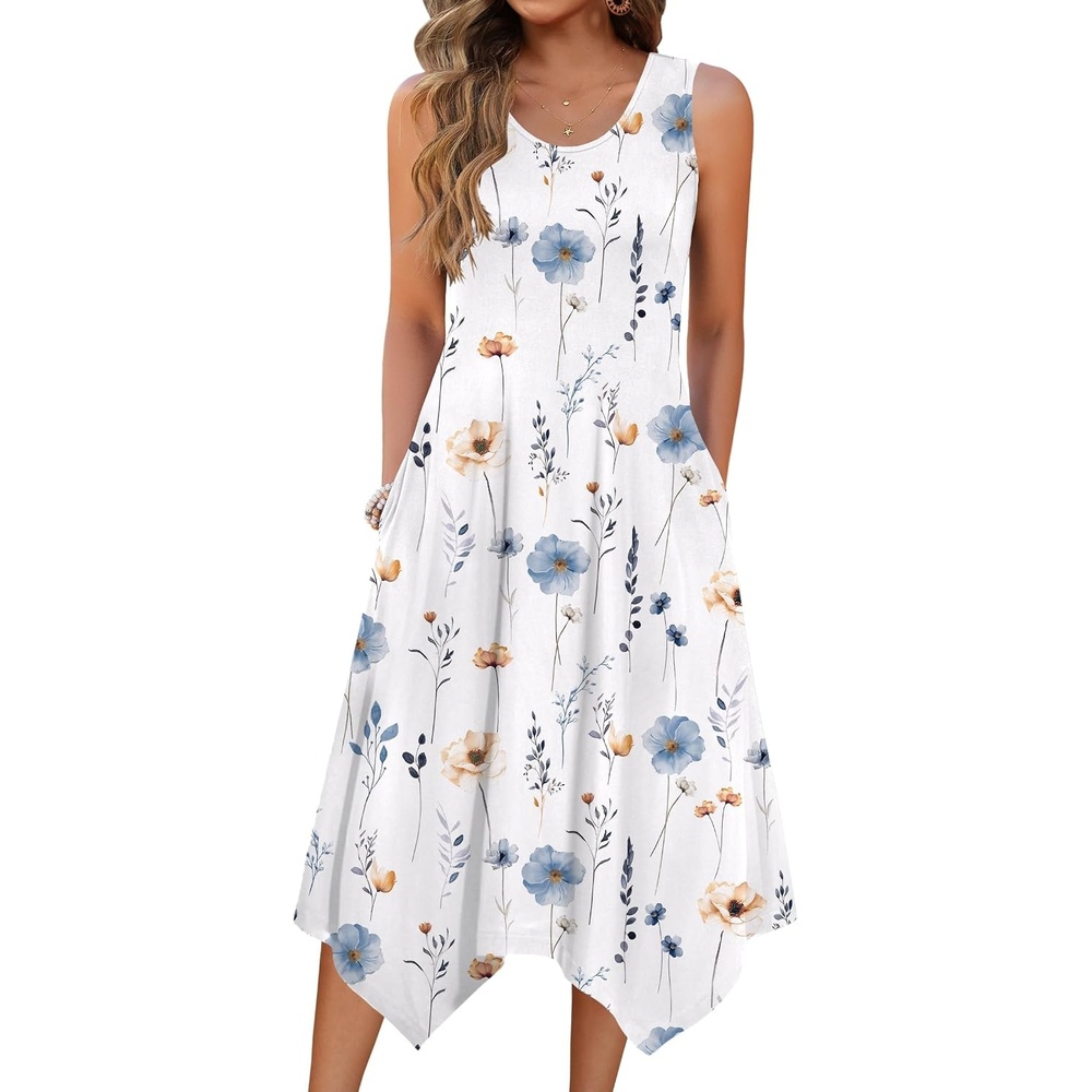 image:imageZeagoo Womens Casual Dress for Summer Tank Dress Loose Flowy Beach Dress with Pockets Hankerchief Flare Midi Sundress 2026White Floral