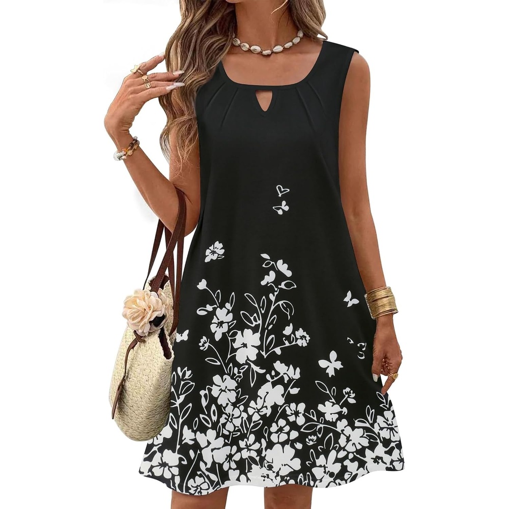 image:imageZeagoo Womens Casual Summer Dresses 2025 Boho Sleeveless Sundresses with Pockets Pleated Beach Floral T Shirt DressesBlackprinted03