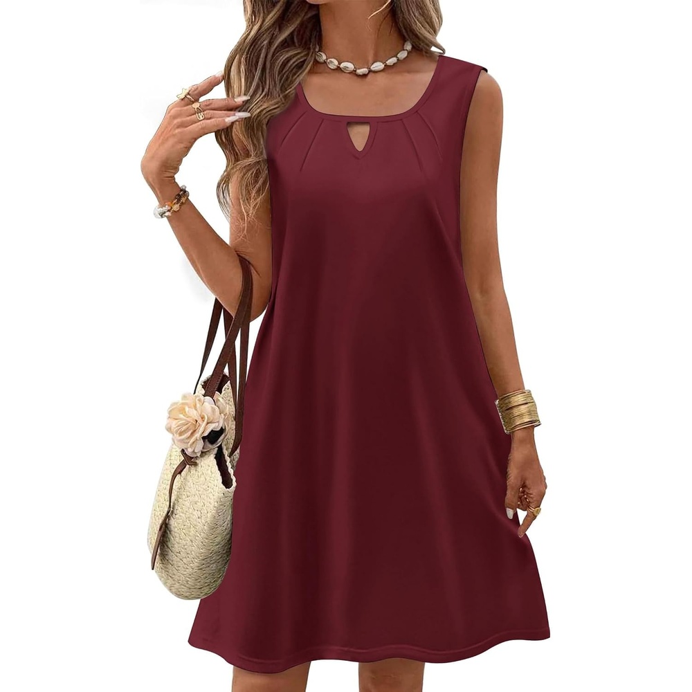 image:imageZeagoo Womens Casual Summer Dresses 2025 Boho Sleeveless Sundresses with Pockets Pleated Beach Floral T Shirt DressesWine Red