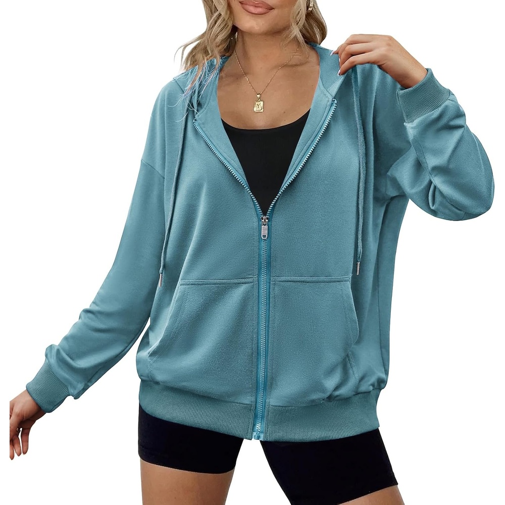 image:imageZeagoo Womens Lightweight Hoodies Full Zip Up Oversized Sweatshirt TrendyGrey Blue