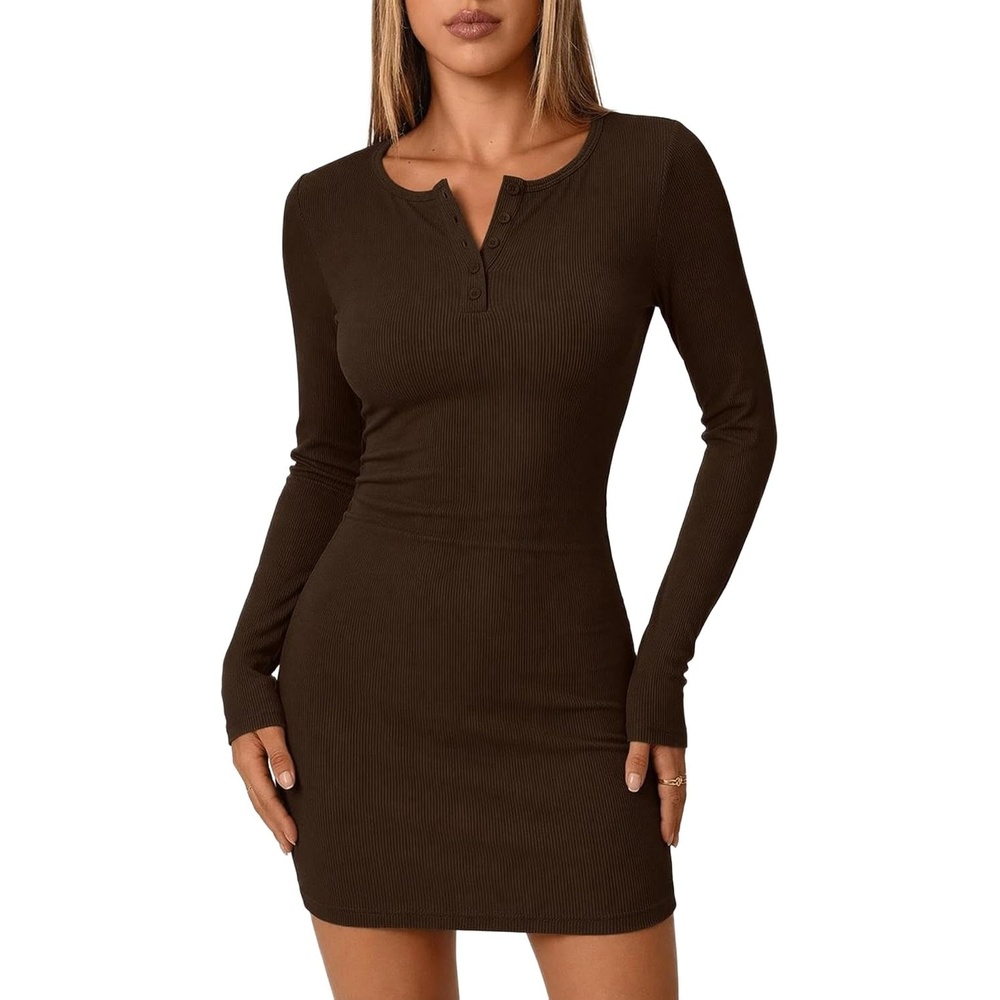 image:imageZeagoo Womens Long Sleeve Sweater Dress 2026 Buttun Up Slim Fit Dress Ribbed Knit Bodycon Dress for Fall WinterBrown