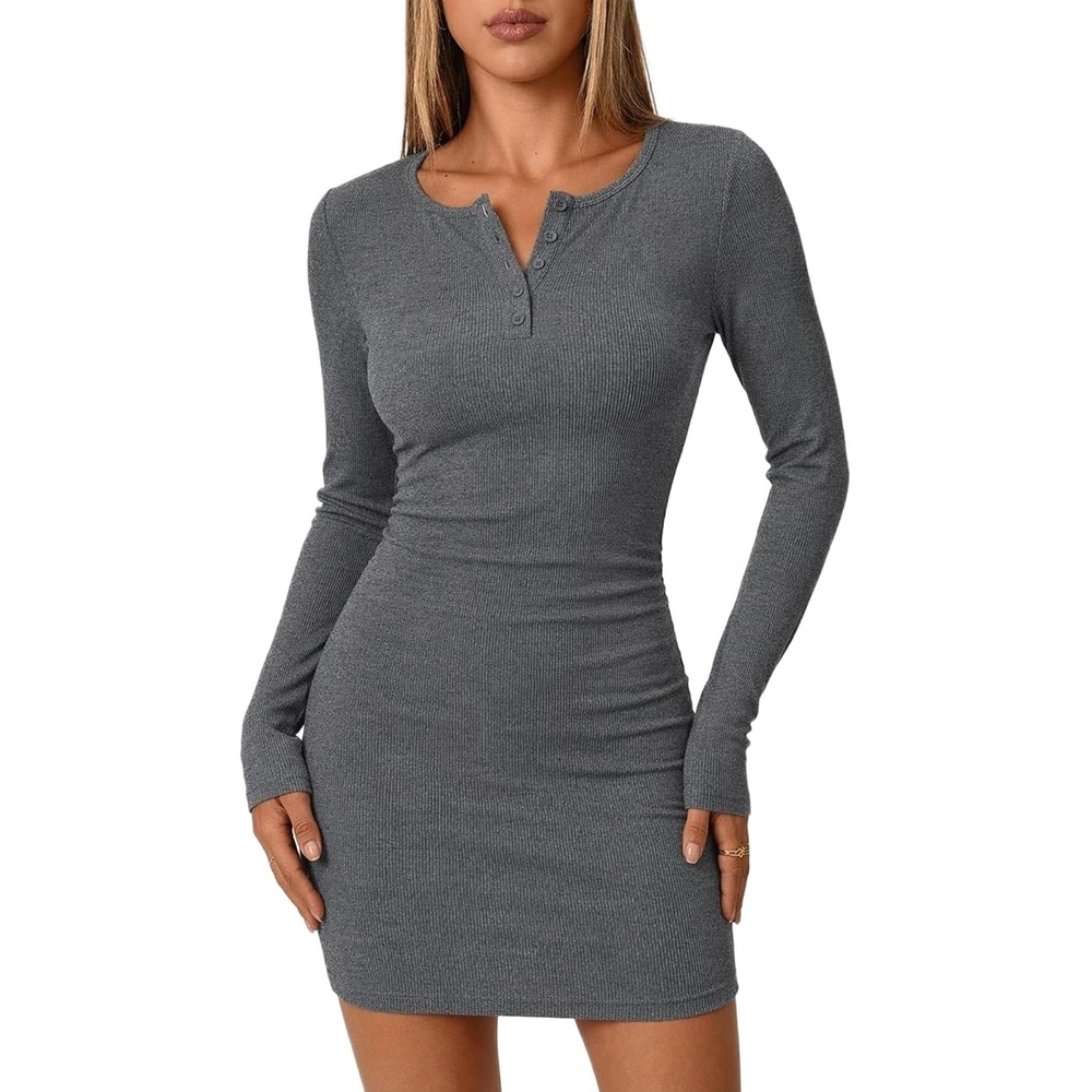 image:imageZeagoo Womens Long Sleeve Sweater Dress 2026 Buttun Up Slim Fit Dress Ribbed Knit Bodycon Dress for Fall WinterGrey