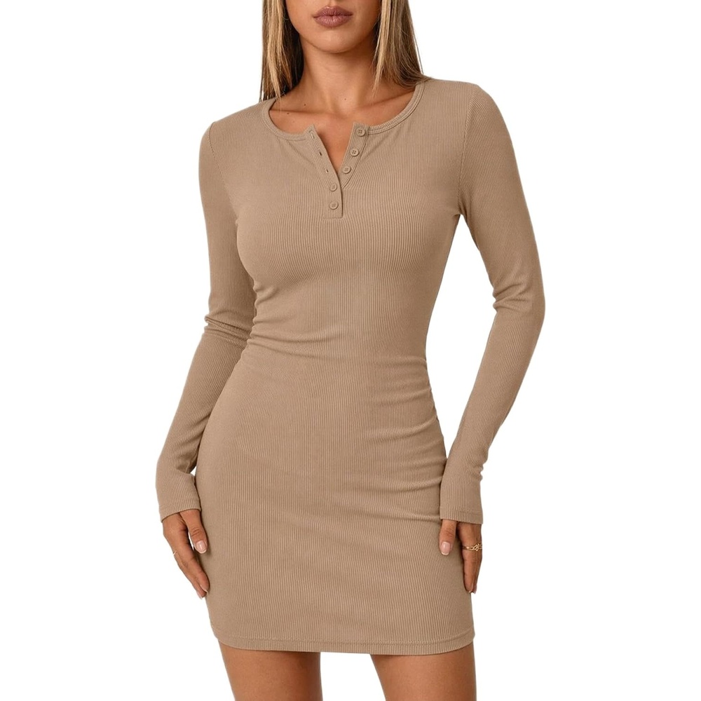 image:imageZeagoo Womens Long Sleeve Sweater Dress 2026 Buttun Up Slim Fit Dress Ribbed Knit Bodycon Dress for Fall WinterKhaki