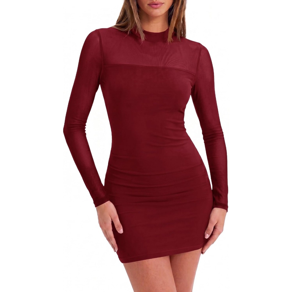image:imageZeagoo Womens Mesh Sheer Long Sleeve Dress Ruched Bodycon Mock Neck DressWine Red