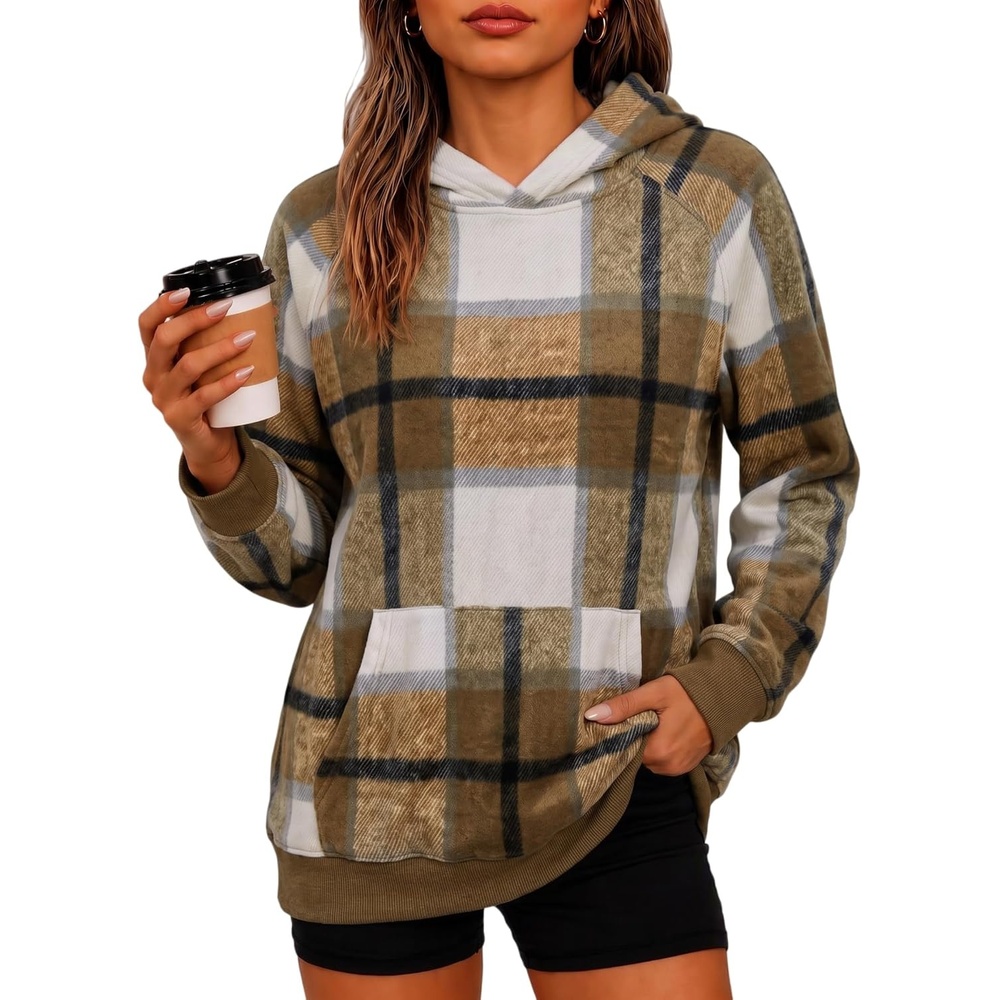 image:imageZeagoo Womens Oversized Hoodies Pullover Fleece Hooded Sweatshirt TrendyKhaki Grey Plaid