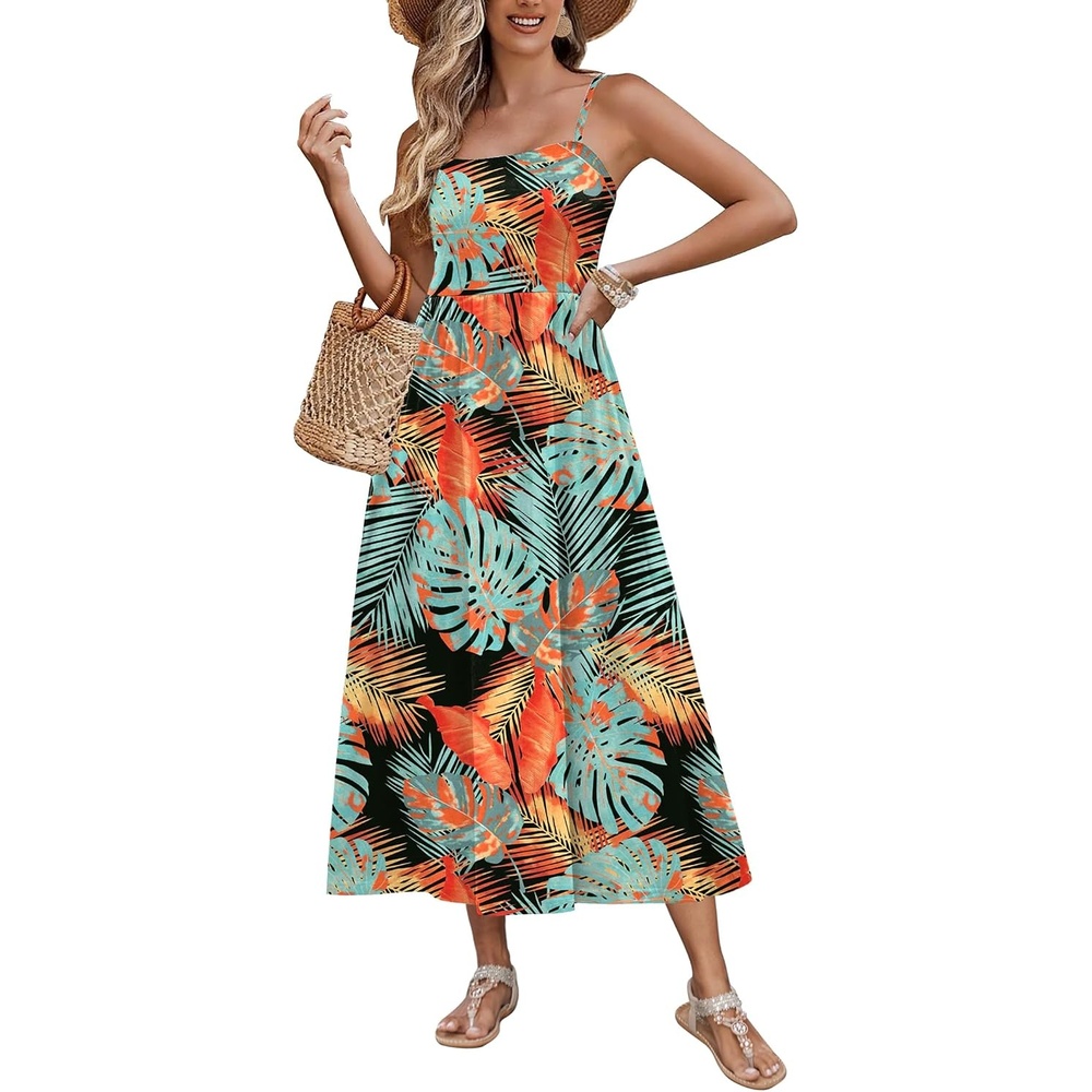 image:imageZeagoo Womens Summer Casual Boho Sundress Spaghetti Strap Square Neck Flowy Midi Dresses A Line Beach Dress with PocketsA02green Leaves