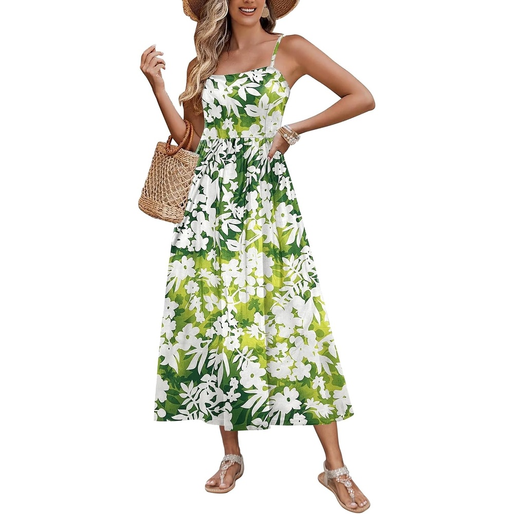 image:imageZeagoo Womens Summer Casual Boho Sundress Spaghetti Strap Square Neck Flowy Midi Dresses A Line Beach Dress with PocketsGreen1