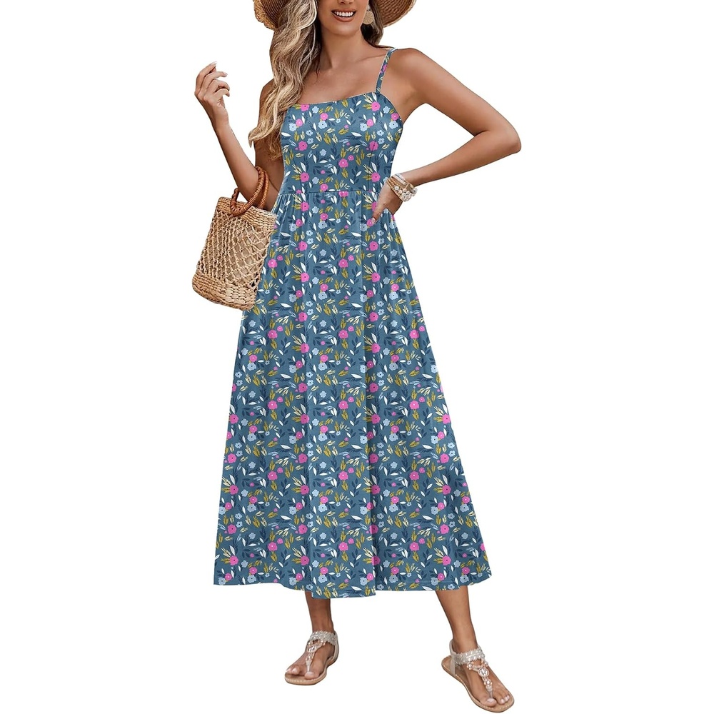 image:imageZeagoo Womens Summer Casual Boho Sundress Spaghetti Strap Square Neck Flowy Midi Dresses A Line Beach Dress with PocketsXh444