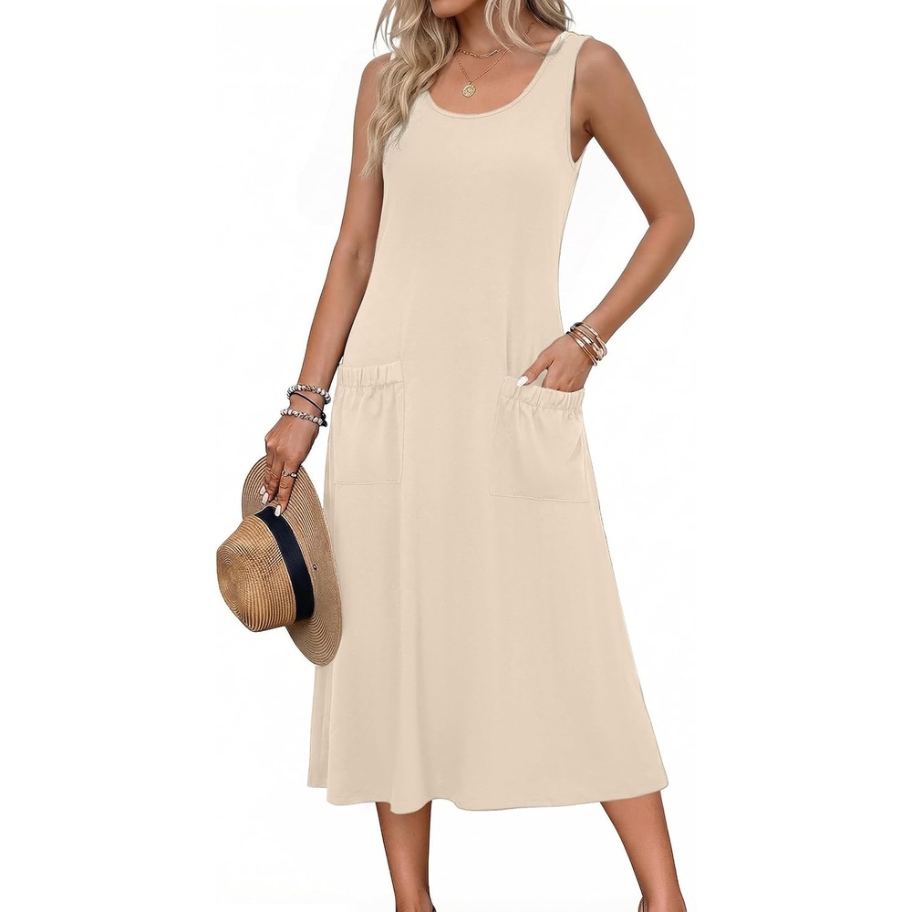 image:imageZeagoo Womens Summer Midi Dresses 2026 Casual Sleeveless Tank Sundresses A Line Crewneck Beach Vacation Dress with PocketsBeigewa