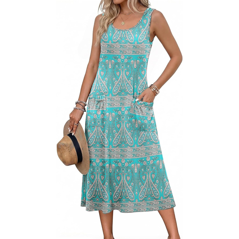 image:imageZeagoo Womens Summer Midi Dresses 2026 Casual Sleeveless Tank Sundresses A Line Crewneck Beach Vacation Dress with PocketsBlue Patternpa169
