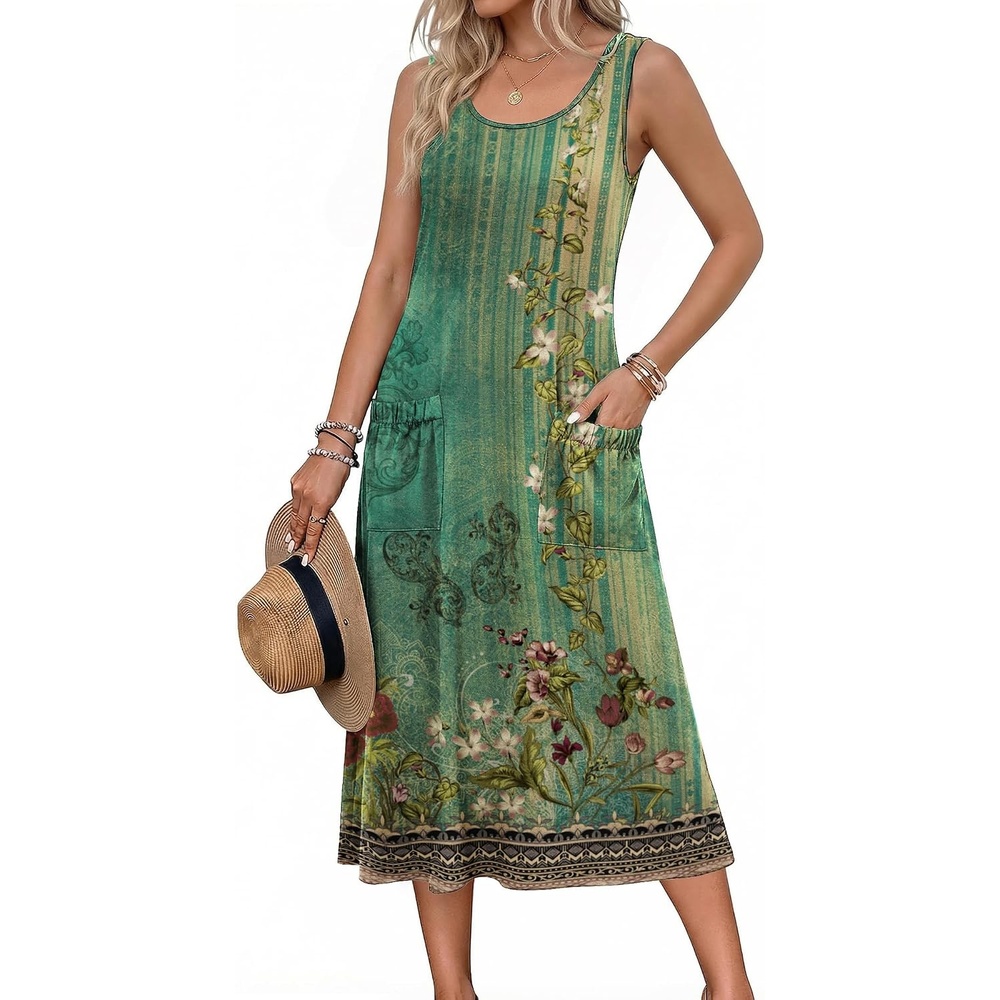 image:imageZeagoo Womens Summer Midi Dresses 2026 Casual Sleeveless Tank Sundresses A Line Crewneck Beach Vacation Dress with PocketsGreen Floralpa171