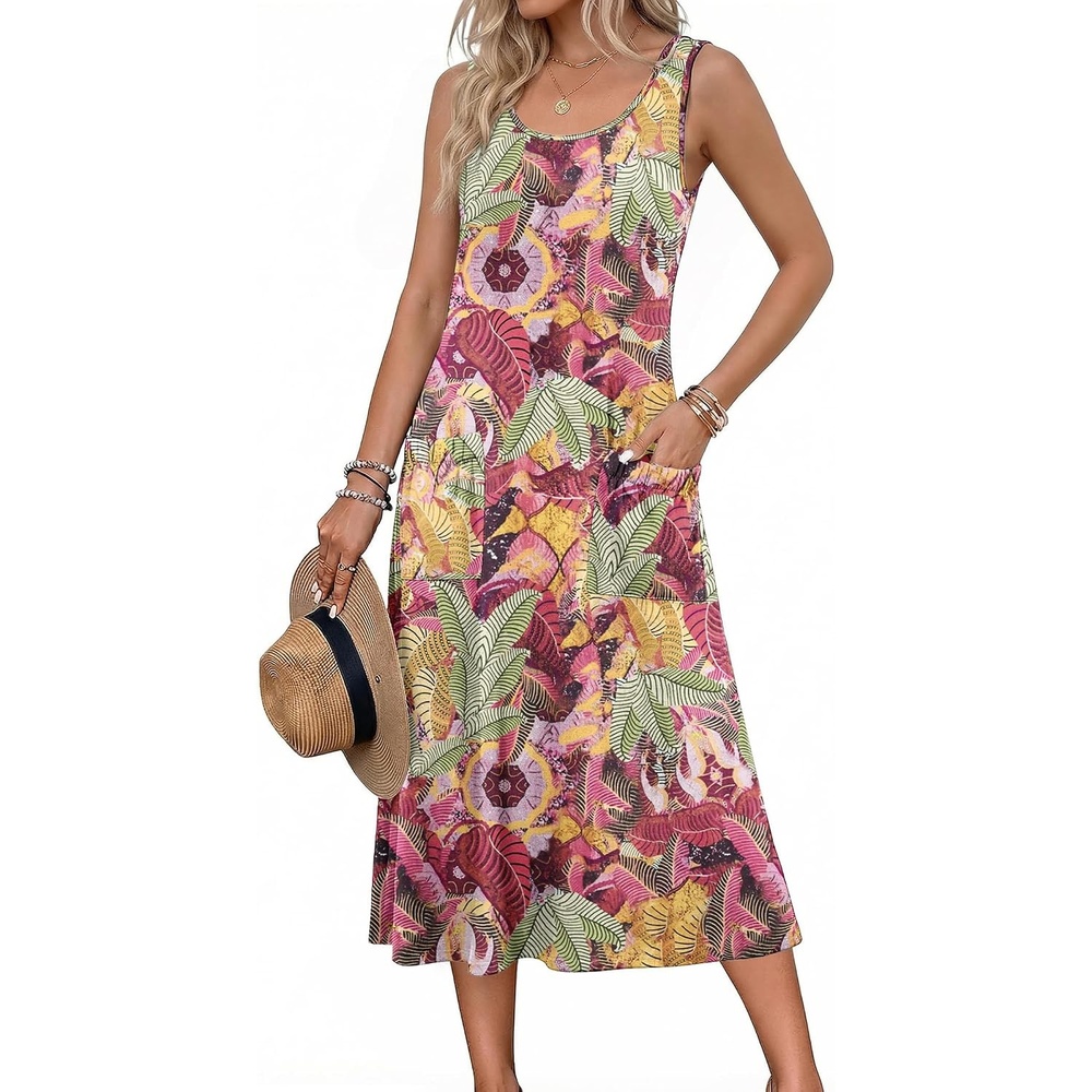 image:imageZeagoo Womens Summer Midi Dresses 2026 Casual Sleeveless Tank Sundresses A Line Crewneck Beach Vacation Dress with PocketsGreen Leafzw392