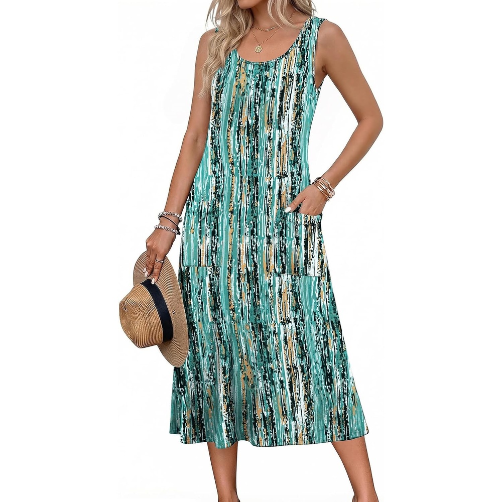 image:imageZeagoo Womens Summer Midi Dresses 2026 Casual Sleeveless Tank Sundresses A Line Crewneck Beach Vacation Dress with PocketsGreencx259