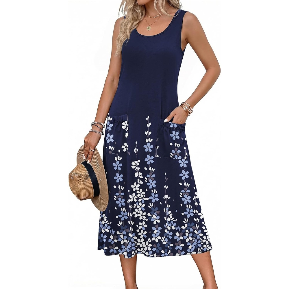 image:imageZeagoo Womens Summer Midi Dresses 2026 Casual Sleeveless Tank Sundresses A Line Crewneck Beach Vacation Dress with PocketsNavy Blue Floralsf119