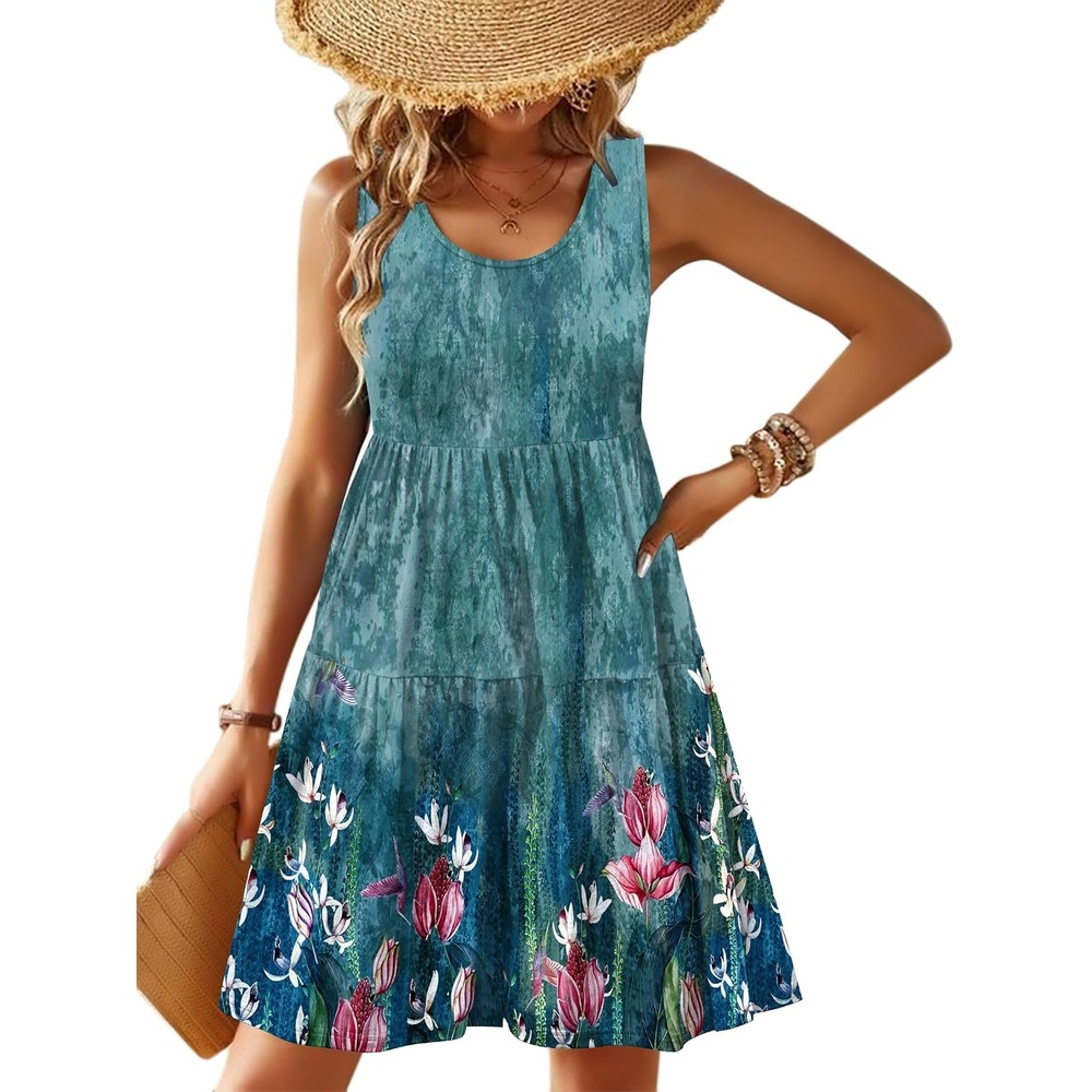image:imageZeagoo Womens Summer Sundress Boho Floral Casual Tank Dresses with Pockets Sleeveless Tiered Swing A Line Beach DressBlue Floral
