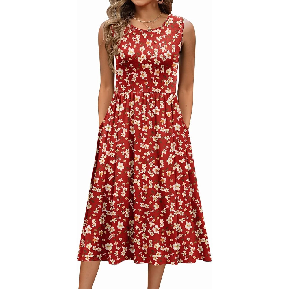 image:imageZeagoo Womens Summer Tank Midi Dress with Pockets Floral Sleeveless ALine Casual Loose TShirt Dresses Beach Sundress 202601red Floral