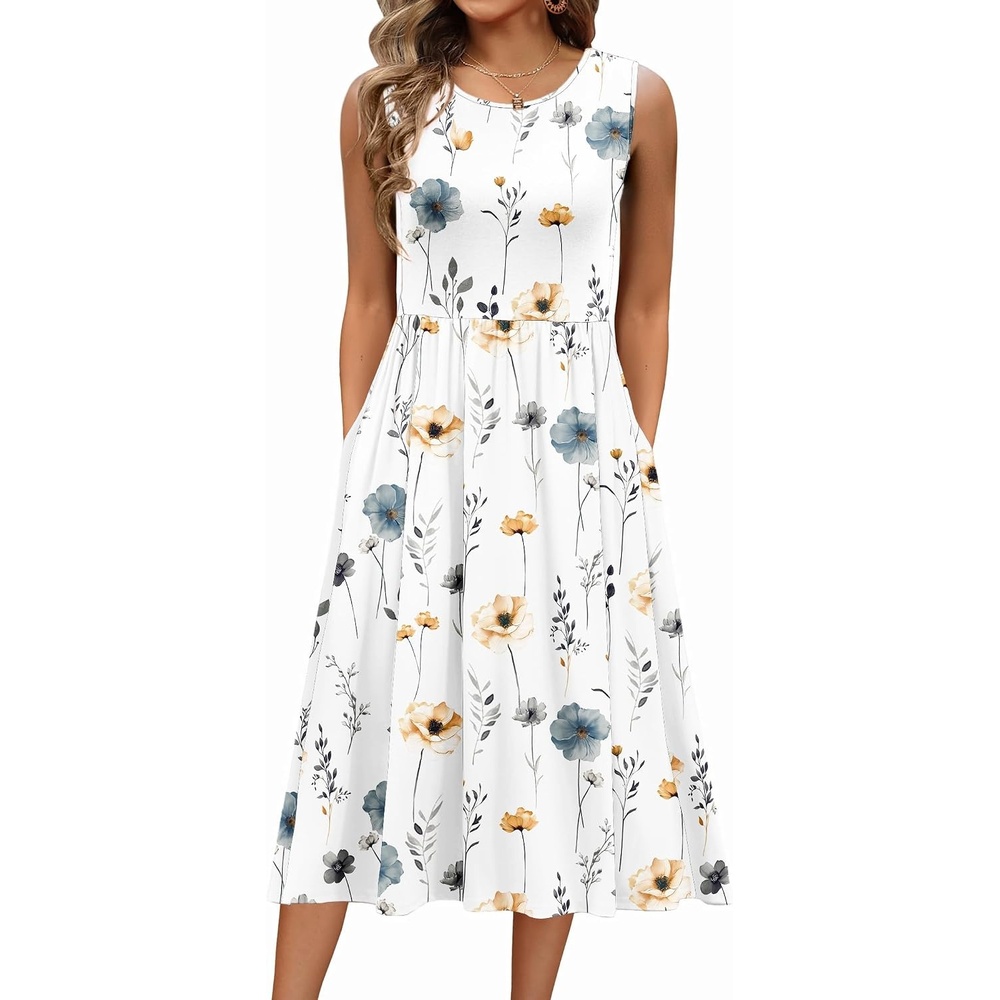 image:imageZeagoo Womens Summer Tank Midi Dress with Pockets Floral Sleeveless ALine Casual Loose TShirt Dresses Beach Sundress 202602white Floral