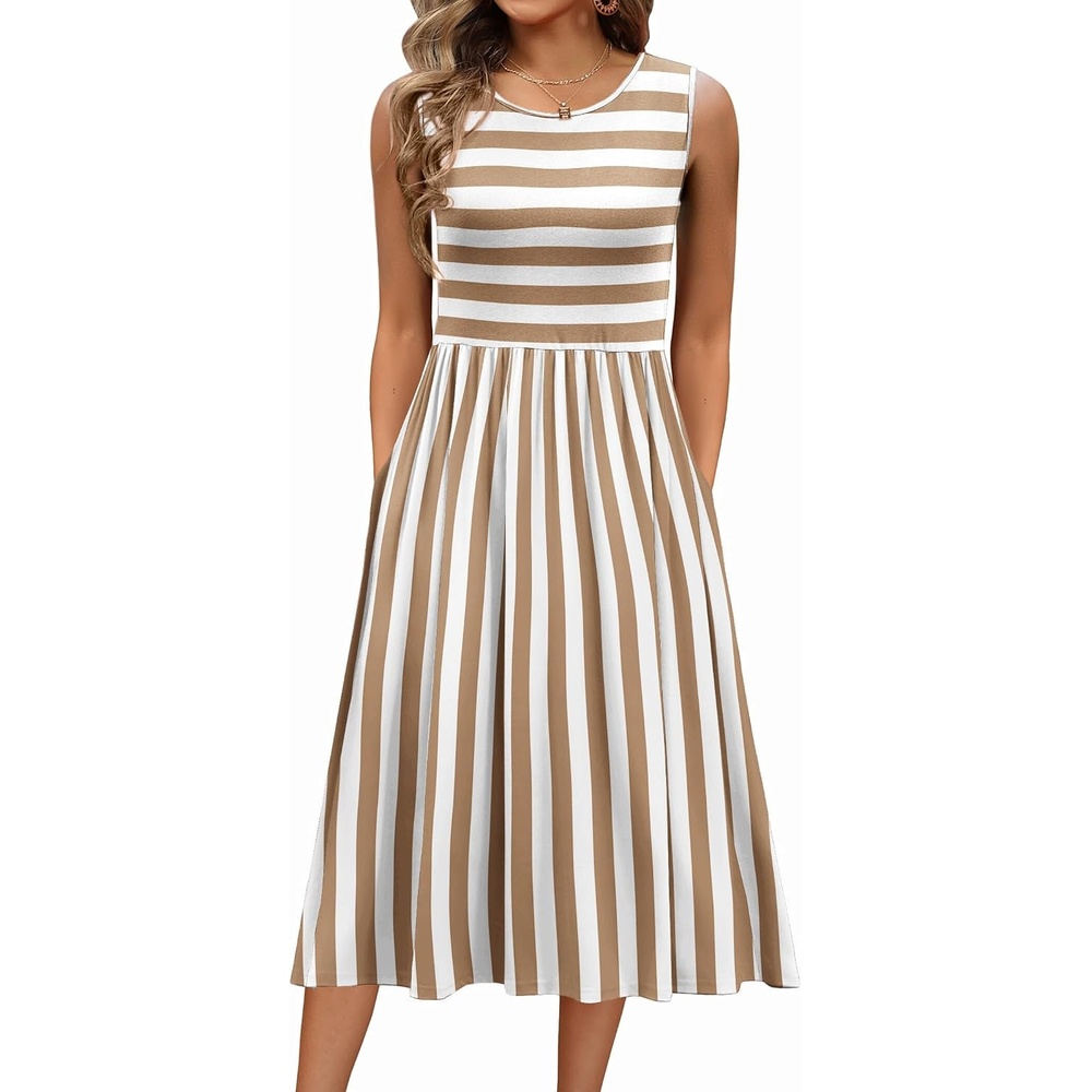 image:imageZeagoo Womens Summer Tank Midi Dress with Pockets Floral Sleeveless ALine Casual Loose TShirt Dresses Beach Sundress 2026Apricot White Stripe