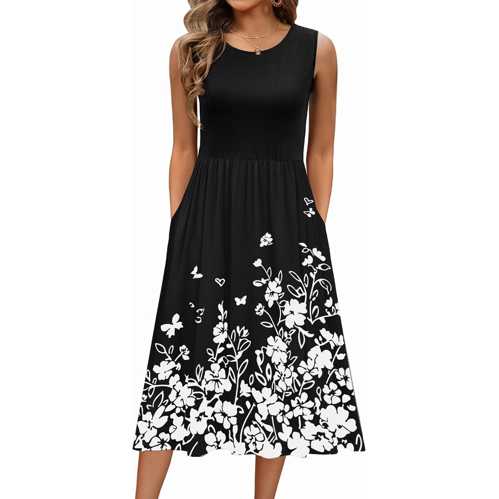 image:imageZeagoo Womens Summer Tank Midi Dress with Pockets Floral Sleeveless ALine Casual Loose TShirt Dresses Beach Sundress 2026Black Small Floral
