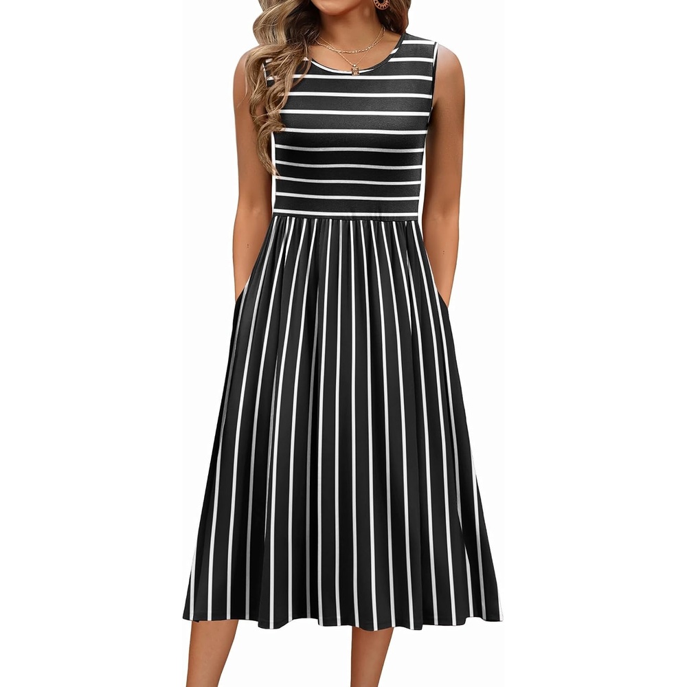 image:imageZeagoo Womens Summer Tank Midi Dress with Pockets Floral Sleeveless ALine Casual Loose TShirt Dresses Beach Sundress 2026Blackwhite Stripe