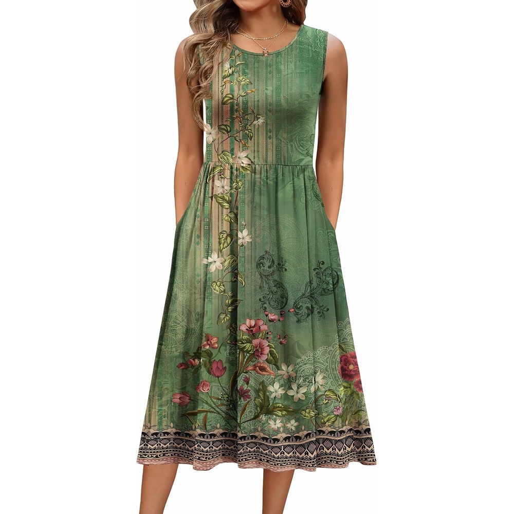 image:imageZeagoo Womens Summer Tank Midi Dress with Pockets Floral Sleeveless ALine Casual Loose TShirt Dresses Beach Sundress 2026Green Printed