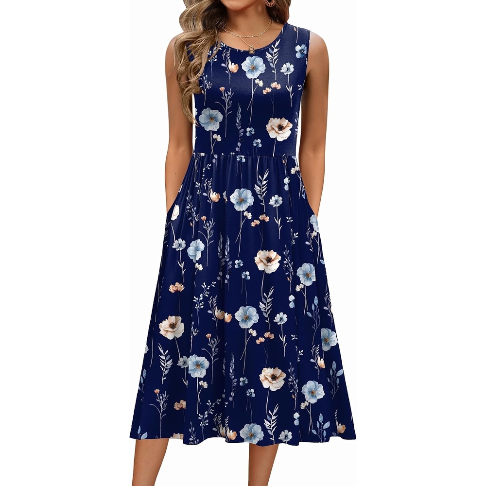 image:imageZeagoo Womens Summer Tank Midi Dress with Pockets Floral Sleeveless ALine Casual Loose TShirt Dresses Beach Sundress 2026Navy Floral